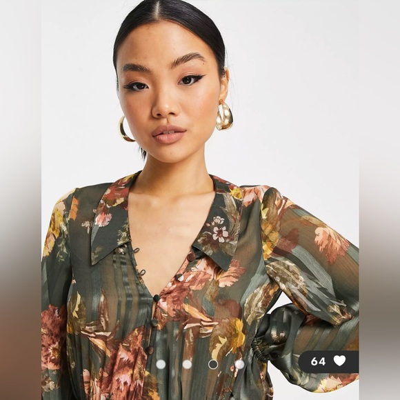 ASOS DESIGN chiffon floral green tiered maxi dress with tie front in satin NWT - Picture 3 of 4